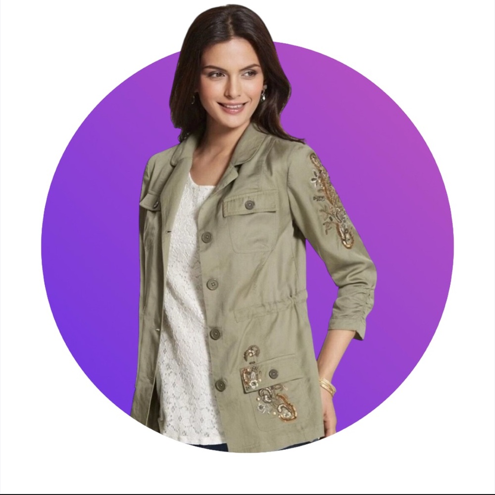 Chico's Lightweight Olive Utility Jacket with Embroidery, Beading & Sequins Sz 1